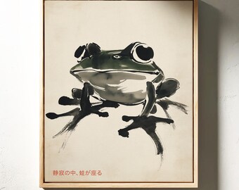 禅のカエルのキャンバス壁アート - 俳句のテキストが入った日本の