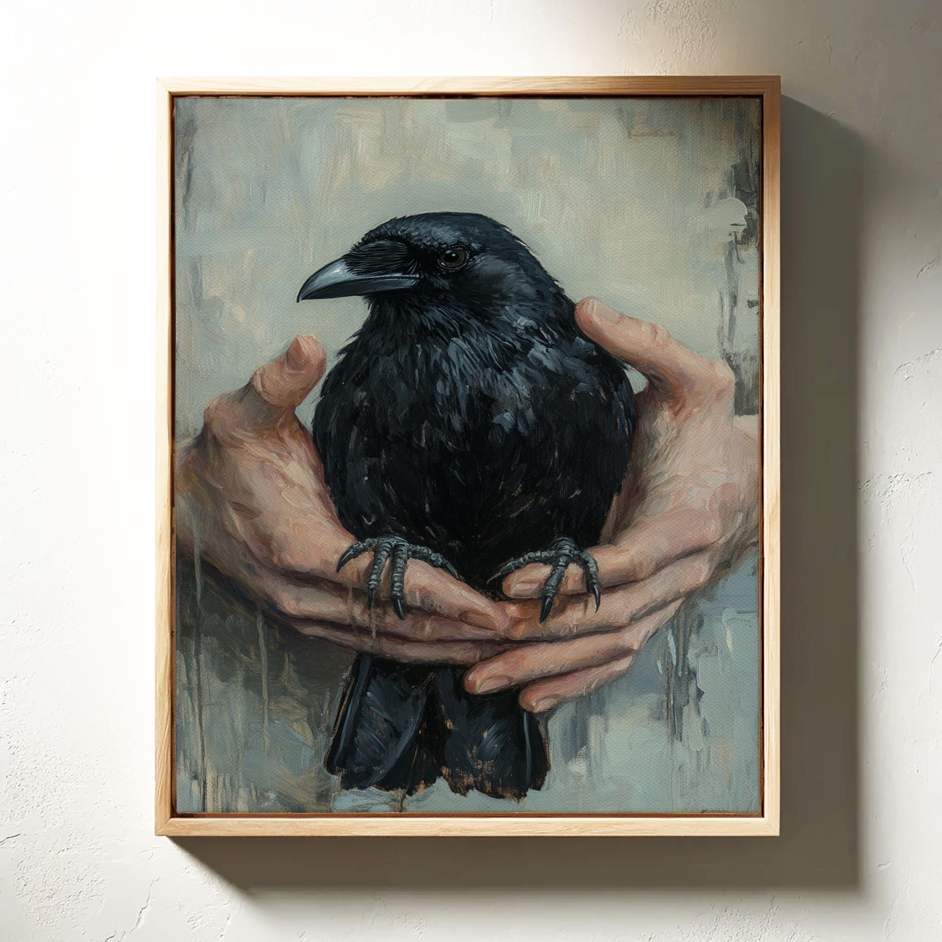 Dark Raven in Hands Art - Gothic Crow Painting, Vintage Wildlife Canvas ...