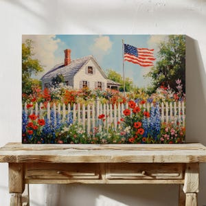May include: A white farmhouse with a picket fence and a vibrant flower garden. An American flag waves in the breeze.
