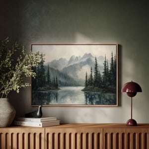 Misty Mountain Lake Landscape – Tranquil Pine Forest and Reflections in Calm Waters, Serene Nature Canvas Wall Art for Rustic Home Décor