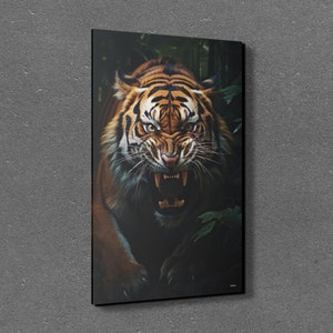 May include: A close-up of a tiger with orange and black stripes, snarling with its mouth open, showing its teeth. The tiger is in a dark green forest setting.