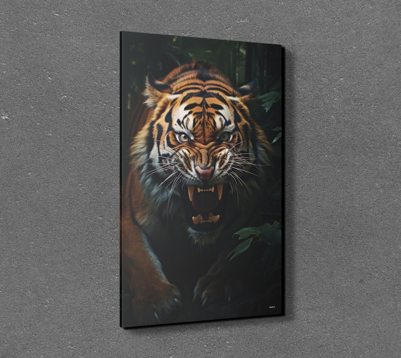 May include: A close-up of a tiger with orange and black stripes, snarling with its mouth open, showing its teeth. The tiger is in a dark green forest setting.