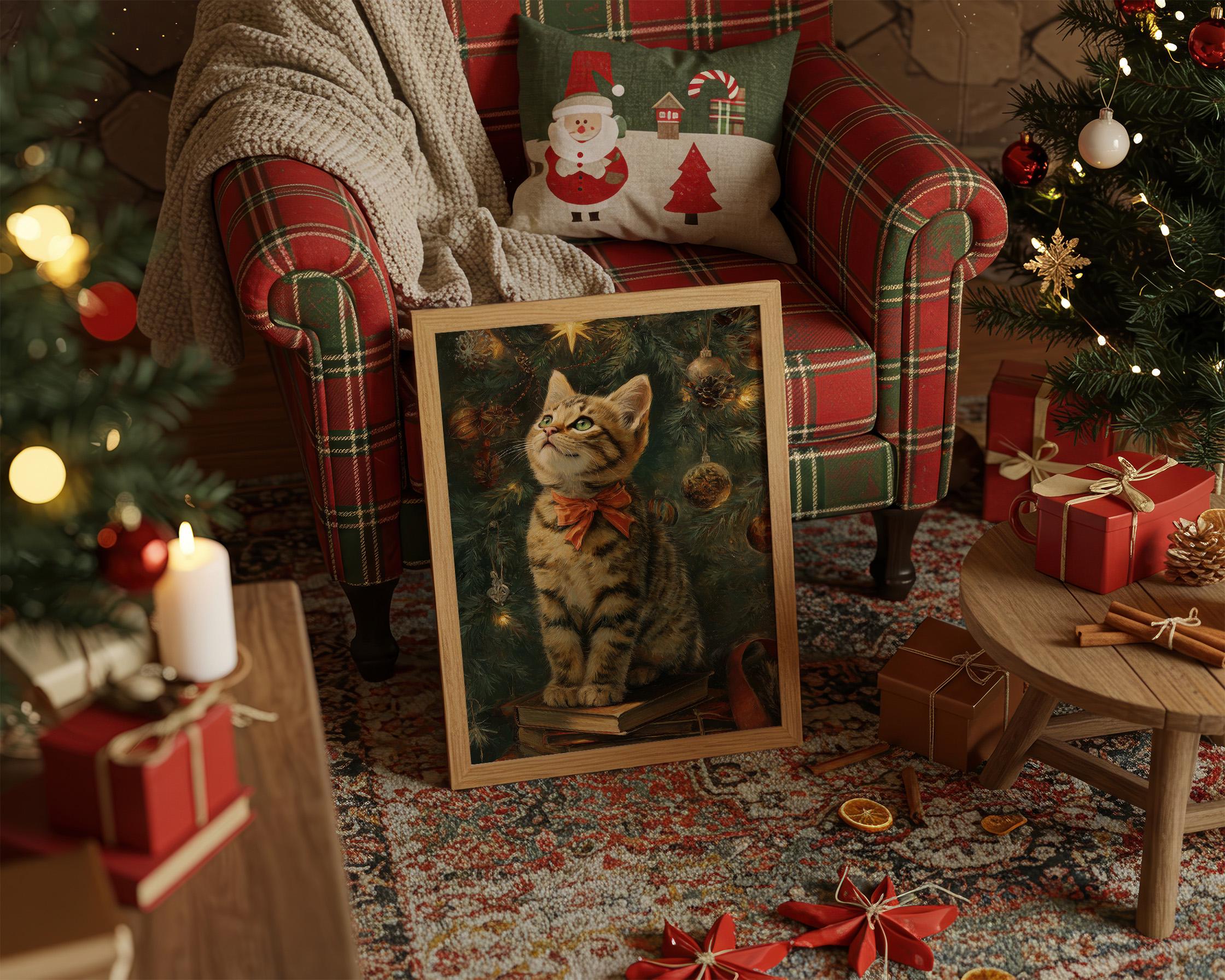絵画。原画【かわいい猫たちはきれいなクリスマスツリーを飾った】 絵画。原画【かわいい猫たちはきれいなクリスマスツリーを飾った