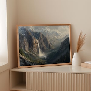 Majestic Waterfall Canvas, Mountain Landscape Wall Art, Nature Painting Print, Scenic Wilderness Decor, Misty Valley Artwork