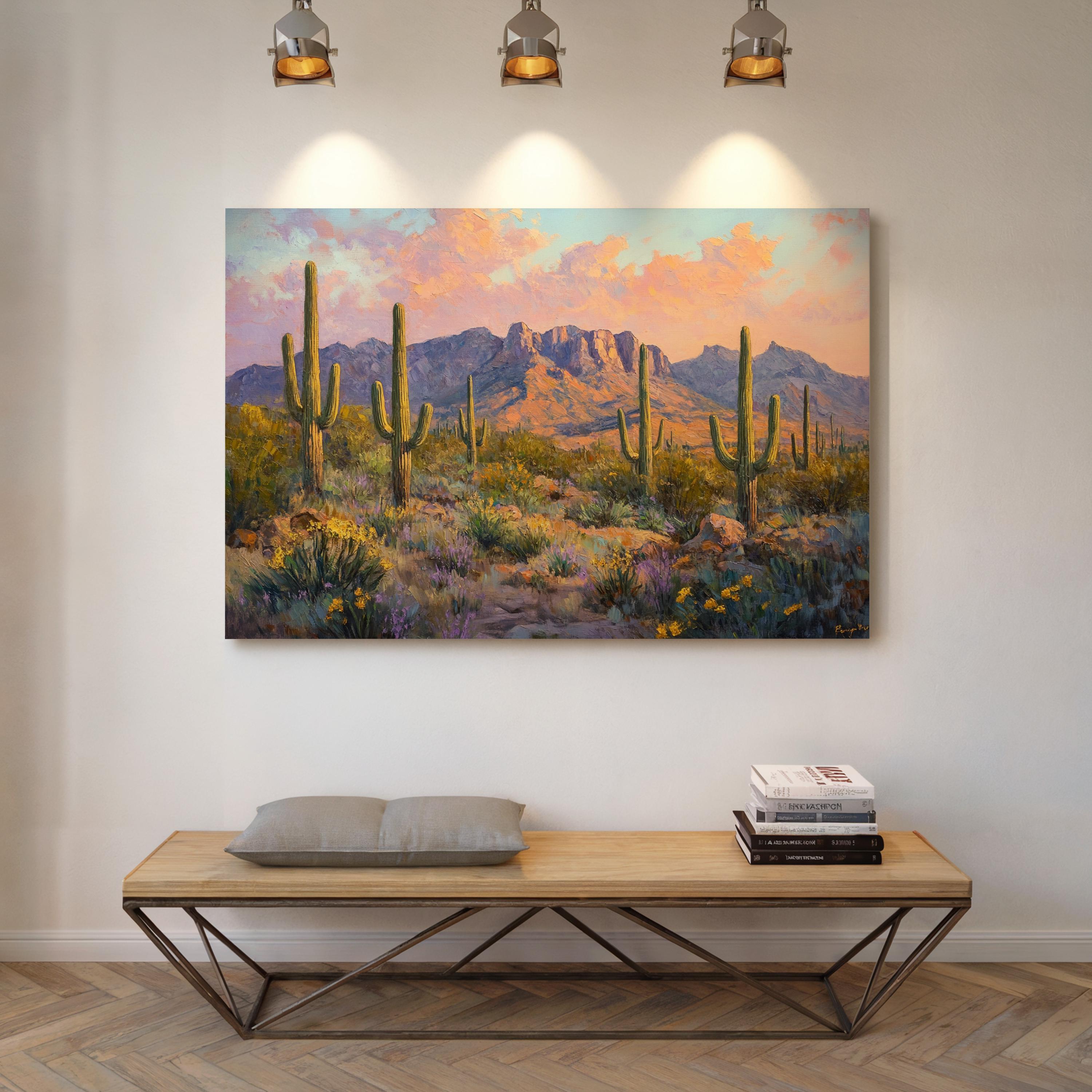 Saguaro Cactus Desert Canvas Art, Southwest Mountain Sunset Print ...