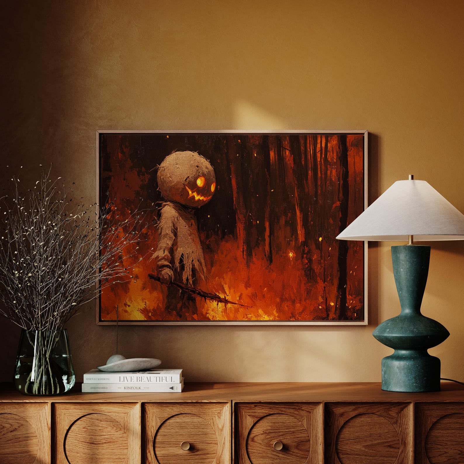 Pumpkin Mask Forest Fire Horror Art | Creepy Halloween Canvas | Scary ...