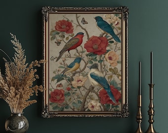 Vintage Botanical Birds & Roses Art Print – Colorful Floral Illustration with Songbirds, Nature Wall Decor, Cottagecore Garden Canvas Poster