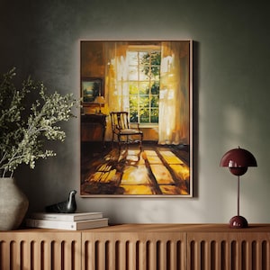 May include: A painting of a room with a window, a chair, and sunlight streaming in. The chair is wooden with a white cushion. The window is open and there are trees visible outside. The floor is wooden and the walls are painted a light yellow.