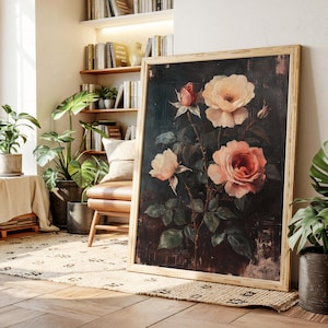Vintage Rose Canvas Wall Art – Romantic Botanical Painting with Blush and Cream Roses – Antique Floral Print for Classic Home Decor