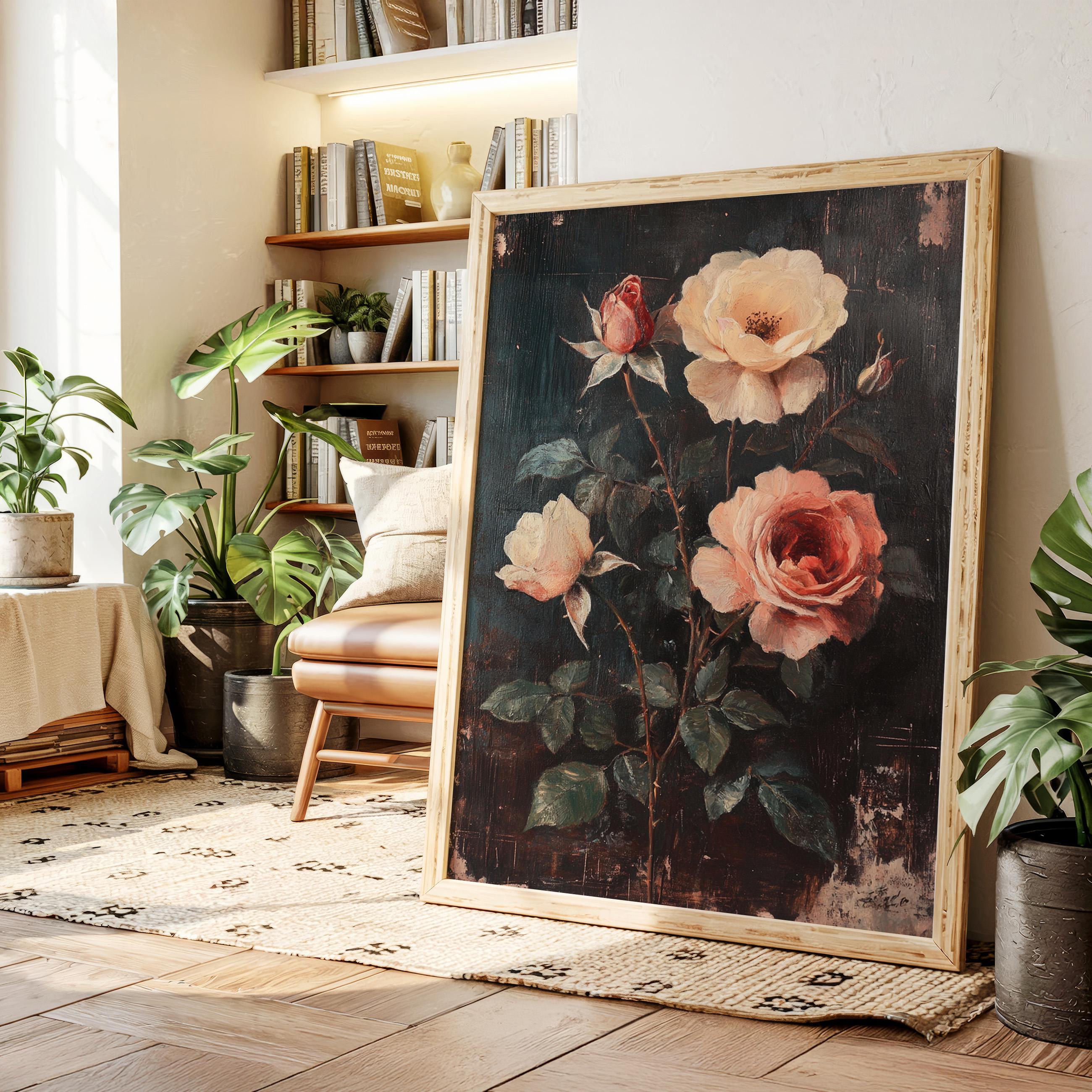 Vintage Rose Canvas Wall Art – Romantic Botanical Painting With