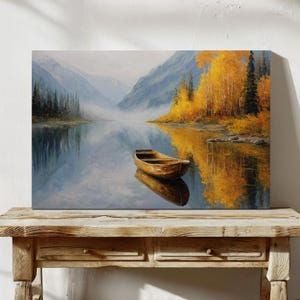 Canoe on Autumn Lake Painting | Tranquil Mountain Landscape Wall Art for Rustic Cabin Decor
