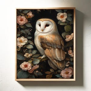 Elegant Barn Owl Canvas Art - Floral Wildlife Painting for Rustic Nature-Inspired Home Decor, Animal Lover&#39;s Gift