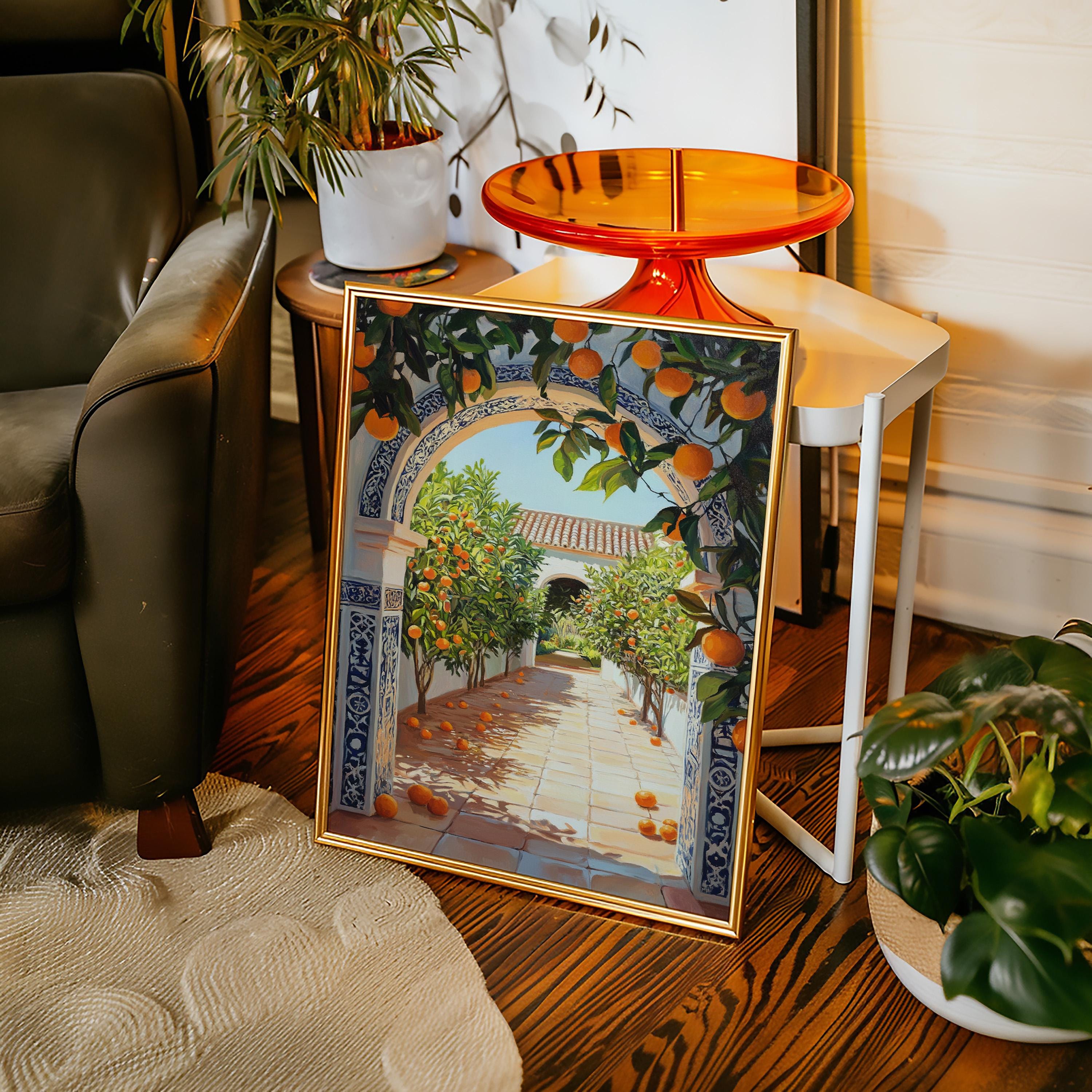 Orange Grove Courtyard Canvas Wall Art, Spanish Tile Archway Print