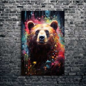 Bear Canvas Wall Art Grizzly Bear Neon Oil Painting Art Bear Canvas Print Home Decor Ready to Hang Brown Bear Canvas Wall Art kooly koolyart