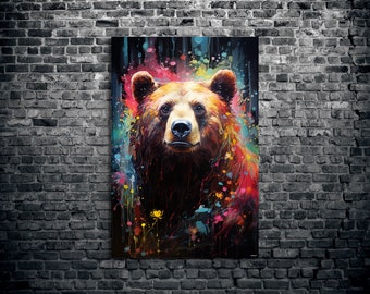 Bear Canvas Wall Art Grizzly Bear Neon Oil Painting Art Bear Canvas Print Home Decor Ready to Hang Brown Bear Canvas Wall Art kooly koolyart