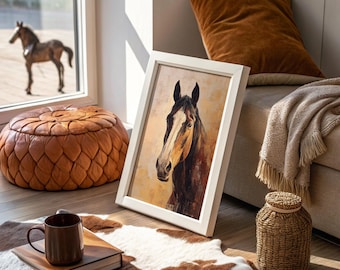 May include: A framed painting of a horse's head with a white frame. The horse has a brown and white face and a dark mane. The painting is on a wooden floor with a brown leather ottoman and a cowhide rug.