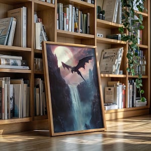 Dark Fantasy Dragon Wall Art – Majestic Black Dragon Over Waterfall Canvas Print, Epic Mythical Creature Poster with Full Moon Sky