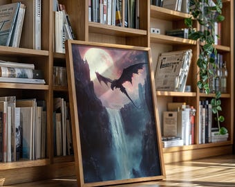 Dark Fantasy Dragon Wall Art – Majestic Black Dragon Over Waterfall Canvas Print, Epic Mythical Creature Poster with Full Moon Sky