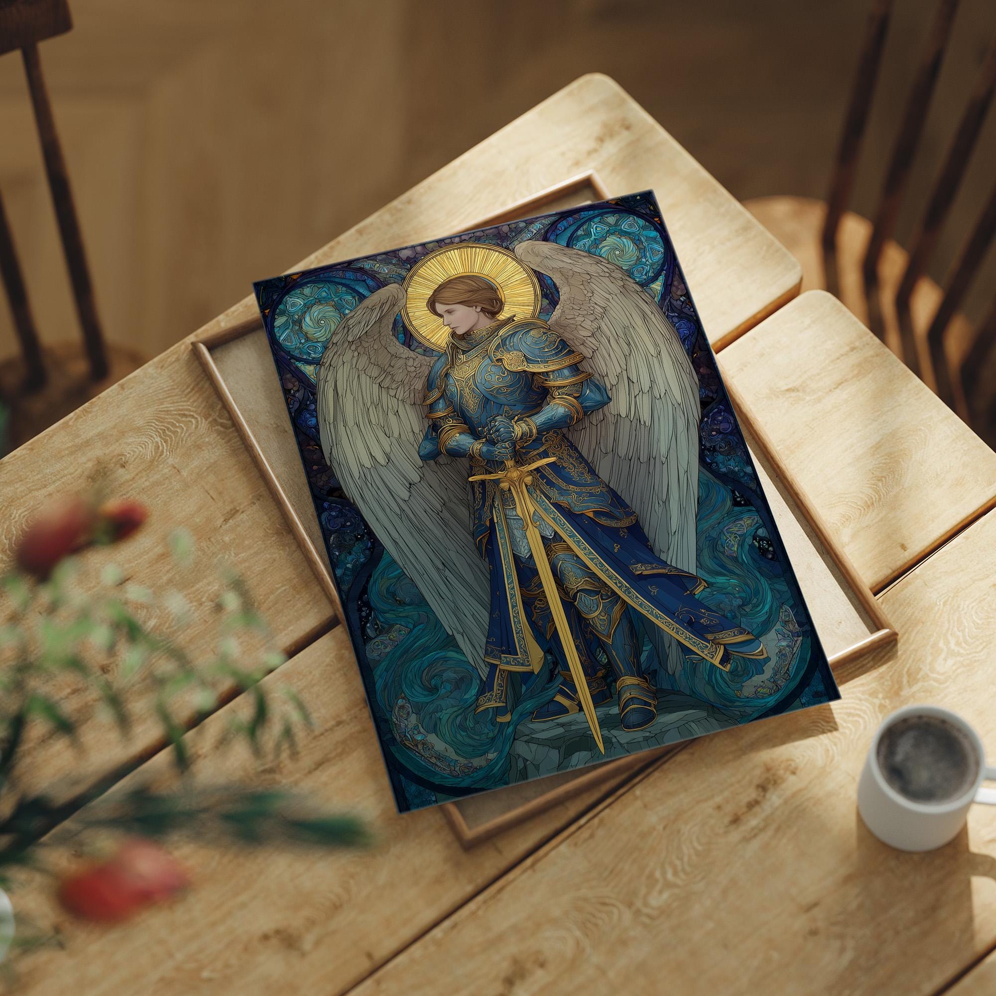 青と金の鎧をまとった大天使ミカエルの神聖な芸術 - Etsy 日本