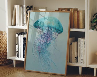 Jellyfish Canvas Wall Art | Blue Ocean Jellyfish Painting | Coastal Sea Life Art | Modern Nautical Decor | Calm Underwater Art