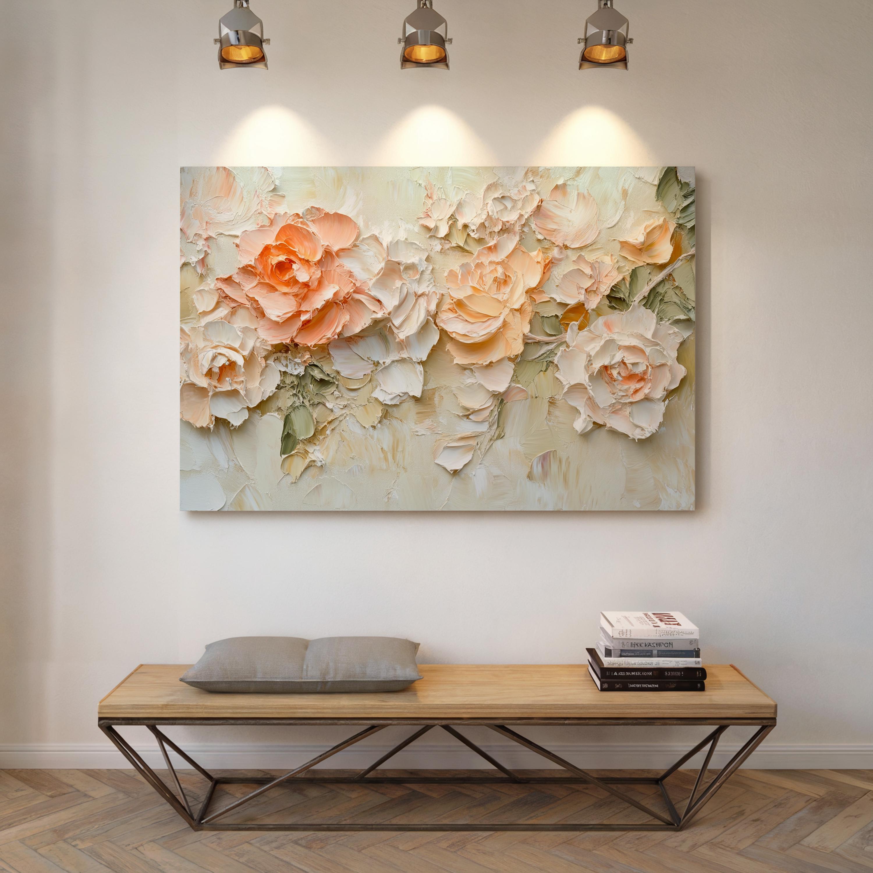 Textured Floral Canvas, Impasto Rose Painting, Soft Peach and Ivory Flowers, Abstract Botanical Wall Art, Romantic Bloom Print