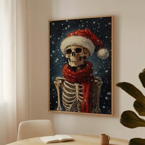 Skeleton Christmas Wall Art - Gothic Holiday Canvas - Dark Academia Xmas Decor - Spooky Winter Painting - Macabre Santa Skeleton Print