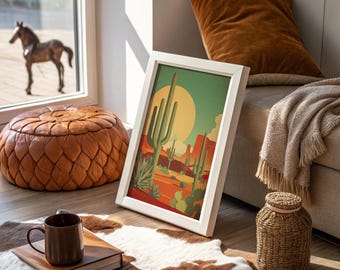 Retro Desert Cactus Landscape with Bold Sun