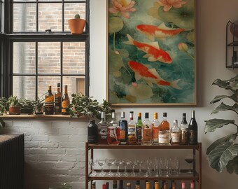 May include: A framed artwork depicts three orange and white koi fish swimming in a pond with lily pads and pink lotus flowers. A bar cart with various bottles of liquor and glassware is in the foreground.