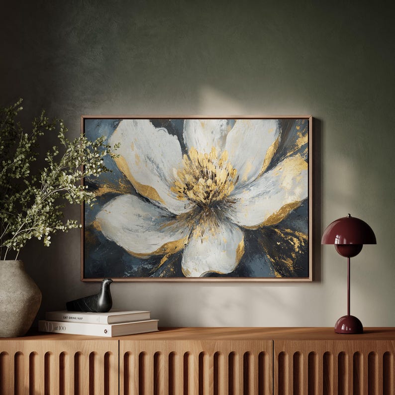 Abstract White and Gold Flower Canvas Art - Textured Floral Painting on ...