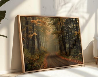Pintura de camino forestal otoñal / Arte mural de bosque otoñal brumoso para una decoración rústica y acogedora del hogar