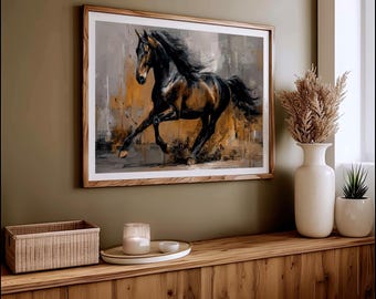Running Black Stallion Abstract Western Painting