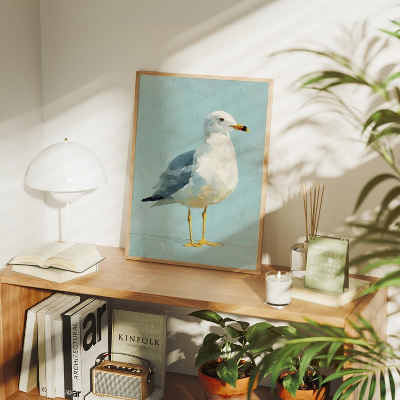 Seagull on Blue | Minimal Coastal Wall Art With Textured Paint and Soft ...