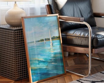Sailboat Canvas Wall Art | Coastal Sailing Painting | Tranquil Ocean Seascape with Sailboats | Nautical Beach Home Decor