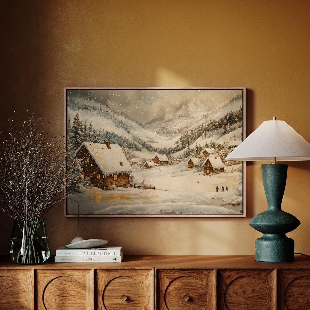 Cozy Snowy Village Winter Landscape Canvas Art – Rustic Cabin Christmas ...