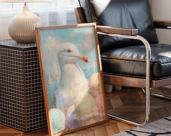 Quadro em tela com gaivota e sorvete, decoração de parede com tema de praia, estampa náutica encantadora com veleiros e casquinhas de sorvete em tons pastel.