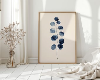 Elegant Blue Eucalyptus Watercolor Print, Minimalist Botanical Art, Eucalyptus Leaf Decor, Modern Nature Artwork, Blue Greenery Art