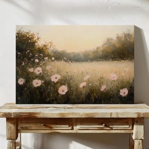 Romantic Wildflower Meadow Canvas Wall Art, Pastel Pink Blossoms In Golden Morning Light, Vintage Oil Painting Style Nature Landscape