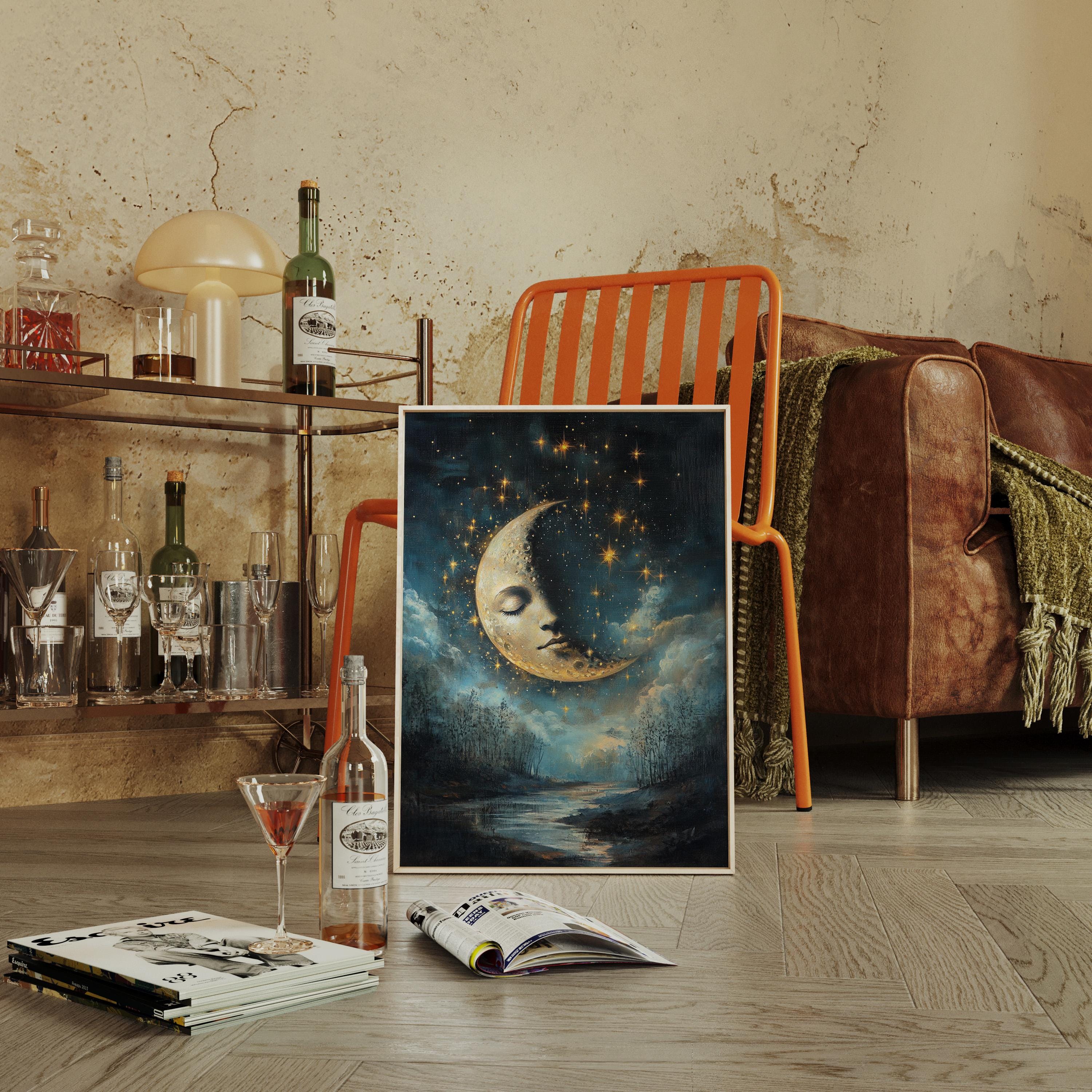 Surreal Moon Face Canvas – Dreamy Crescent Moon With Stars