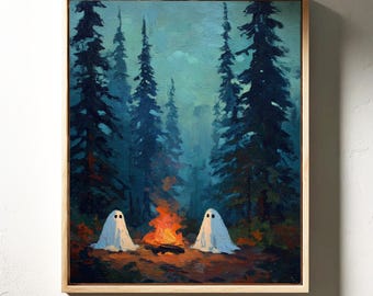 Halloween Geist Lagerfeuer Kunst | Gemütlicher Wald Leinwand Druck für Herbst Dekor