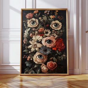 Surreal Eyeball Flower Art – Creepy Vintage Gothic Bouquet with Human Eyes in Roses and Daisies, Dark Aesthetic Canvas Wall Decor