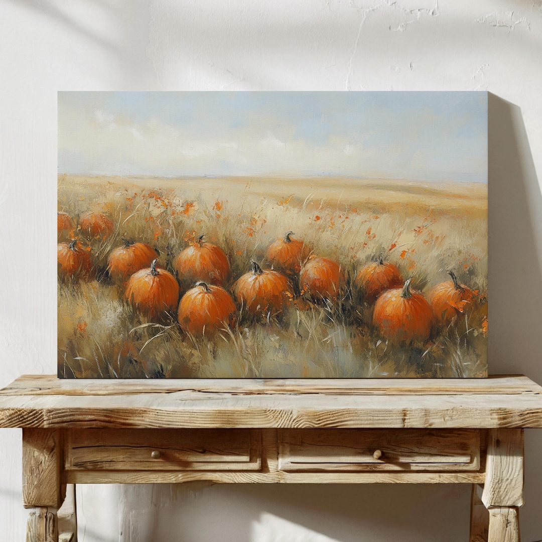 Pumpkin Patch Landscape Oil Painting on Canvas, Autumn Harvest ...