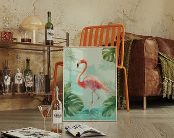 Pink Flamingo in Tropical Jungle Waters