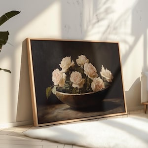 Vintage Floral Still Life Canvas, Romantic Rose Painting, Dark Moody Flower Wall Art, Classic Botanical Decor, Elegant Home Aesthetic