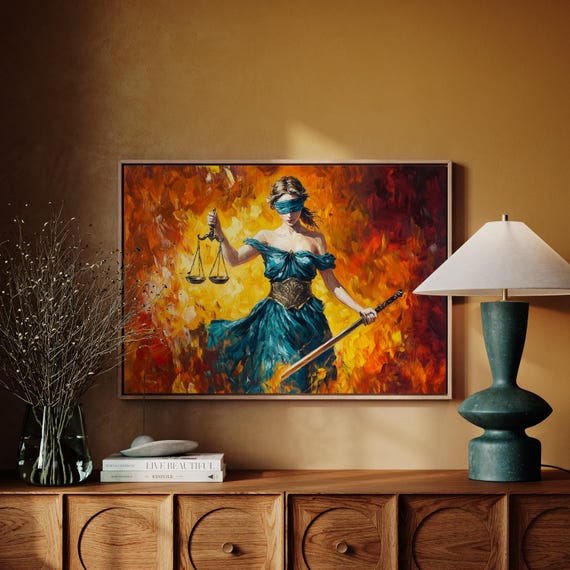 lady justice dress Wall Art | Blindfolded Woman With Scales & Sword | Bold Abstract Canvas Painting in Fiery Colors for Office, Law, or Home Decor summer_medium