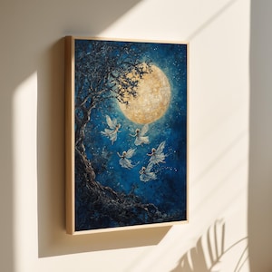 Moonlit Fairies Dancing Canvas - Whimsical Fantasy Wall Art, Enchanted Night Scene with Fairies and Full Moon