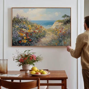 Coastal Wildflower Path Canvas, Vintage Seaside Painting, Cottagecore Ocean Print, Floral Beach Landscape, Impressionist Wall Art