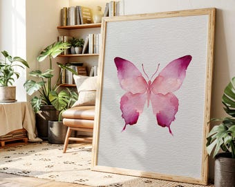 Pink Butterfly Watercolor Wall Art Print, Feminine Symmetrical Insect Decor for Nursery, Bedroom, or Minimal Nature-Inspired Gallery