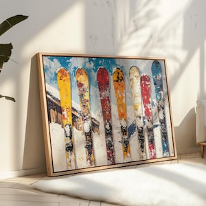 Ski Lodge Canvas Wall Art, Vintage Skiing Print, Rustic Winter Cabin Decor, Snowy Mountain Sports Scene, Colorful Skis Wall Decor