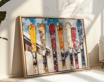 Ski Lodge Canvas Wall Art, Vintage Skiing Print, Rustic Winter Cabin Decor, Snowy Mountain Sports Scene, Colorful Skis Wall Decor
