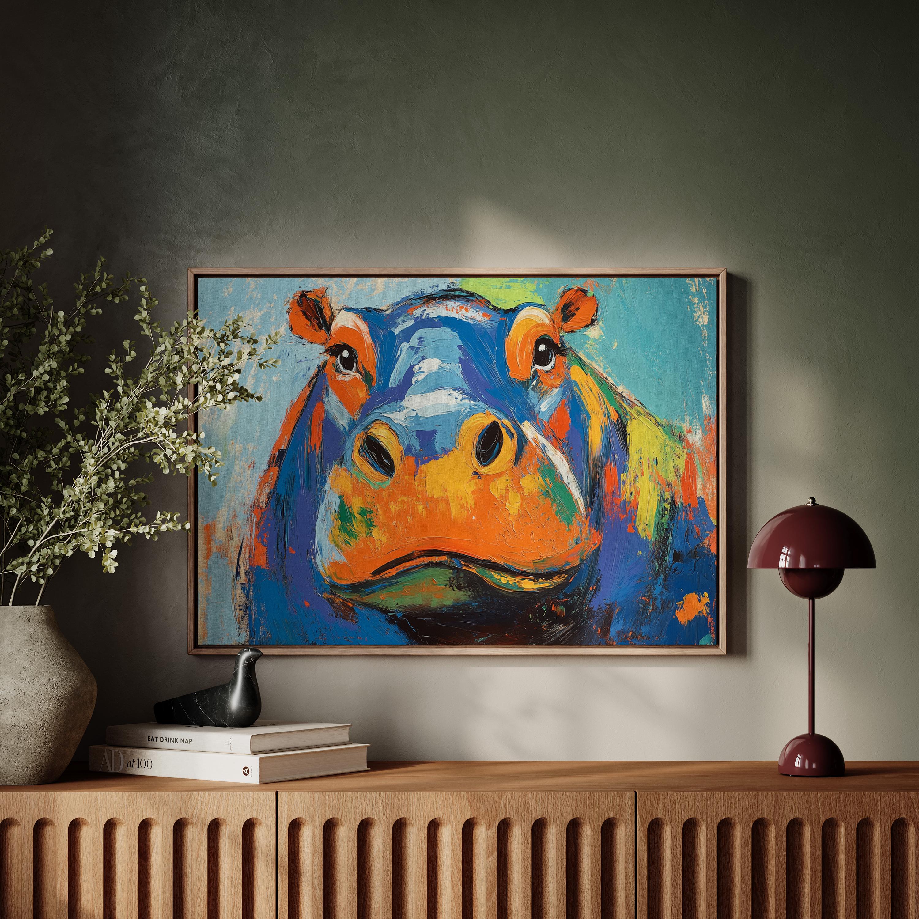 Vibrant Abstract Hippo Portrait - Bold Colors Modern Art Print Canvas ...